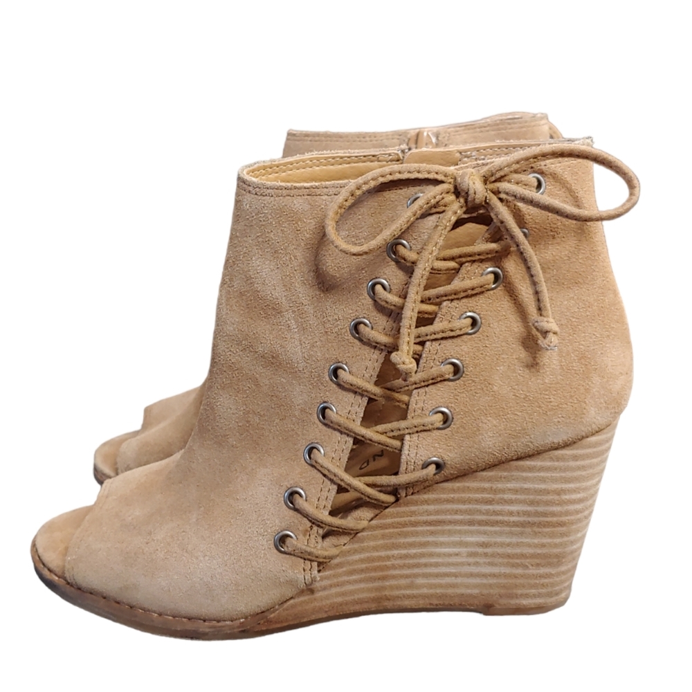 Lucky Brand Women's Jaevin Tan Suede Lace Up Peep Toe Boho Wedges Size 6.5